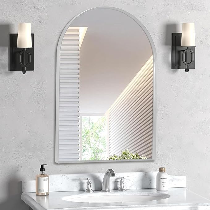 24" x 32" Silver Arched Mirror, Arch Wall Mirror, Metal Frame Black Bathroom