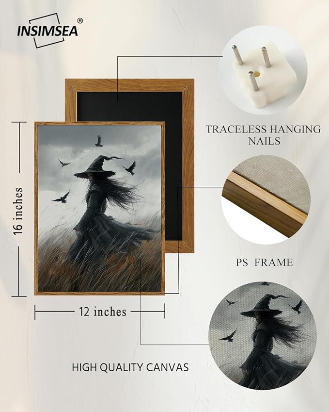 InSimSea Framed Canvas Prints Art Vintage Decor, Witch Gothic Moody Painting, Rustic Dark Academia Wall Art for Bathroom, Halloween Living Room Witchy Room Wall Cottagecore Decor, 12x16inch