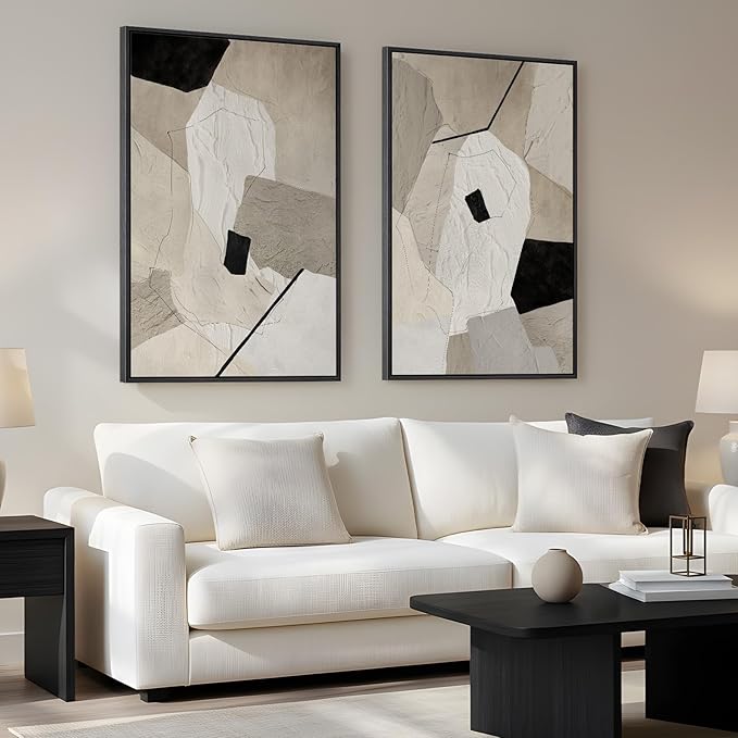 Framed Neutral Beige and Black Abstract Wall Art