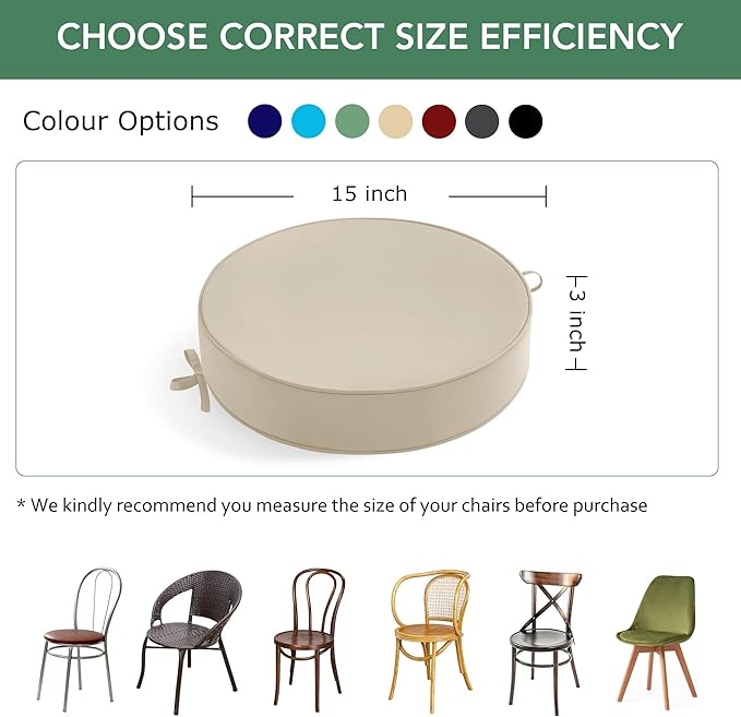 Summsun Outdoor Bistro Chair Cushions Set of 4, 15" D x 3" H Round Chair Cushions Waterproof and Fade Resistant Chair Cushion Pads with Non-Slip Ties and Removable Covers for Garden, Cream