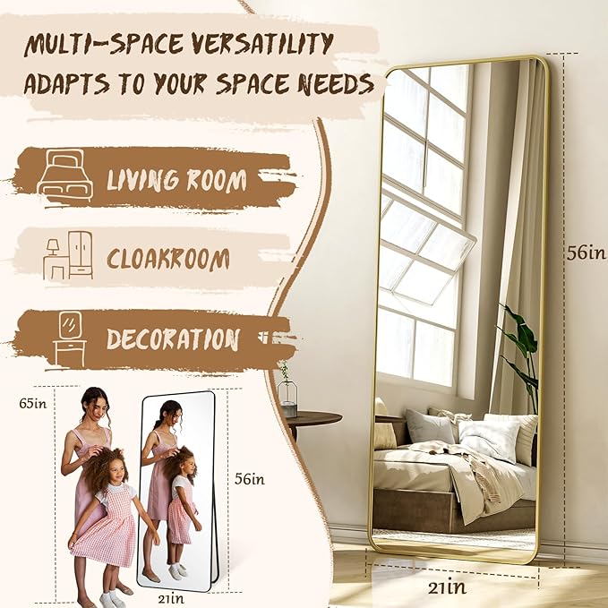 XRAMFY 56"x21" Floor Full Length Mirror Standing Full Body Rounded Corner