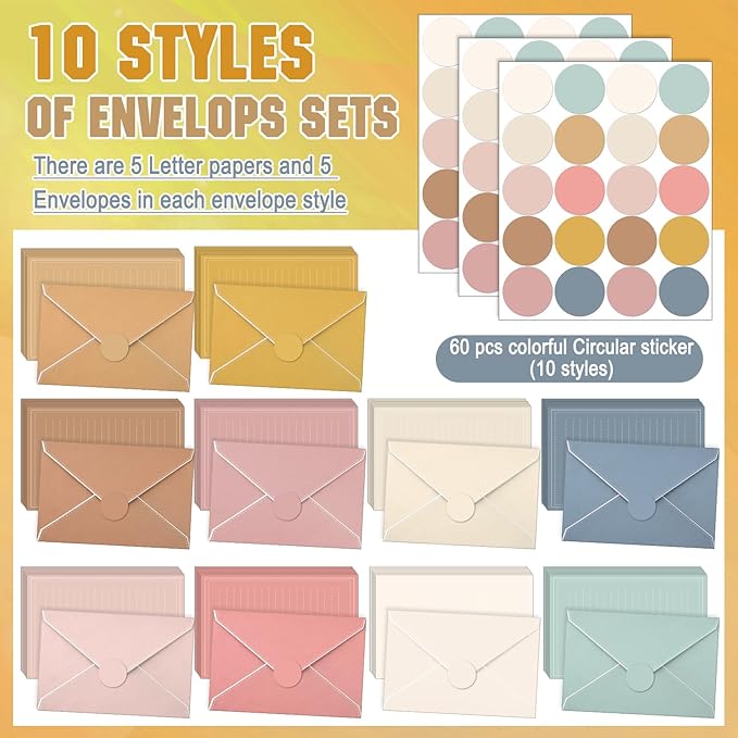 TaoBary 160 Packs Stationery Paper Set (50 Double Sided Stationery Writing Papers 50 Matching Envelopes) 60 Round Dot Sticker, 10 Design (5.5 x 8.25 Inch,Boho Color)