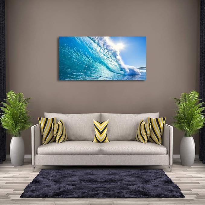 Haichuang Decor Art Framed Ocean Wave Wall Art, 48x24 Inch Large Horizontal Turquoise Sea Canvas Prints, Coastal Beach Nautical Wall Decor for Living Room Bedroom Bathroom Ready to Hang
