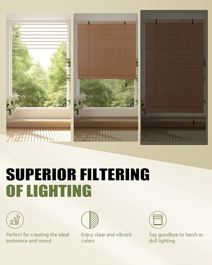 FoundGo Retro Bamboo Blinds 30" W x 64" H Bamboo Roman Shades Light Filtering