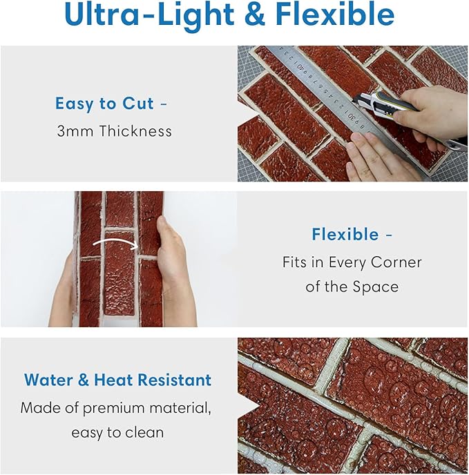 COMSTICKC 3D Faux Red Brick Wall Panels Peel and Stick Wall Sticker, Small Size