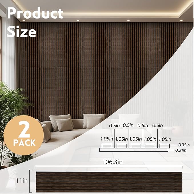 2 Pack Wood Panels for Wall, 106.3" × 11" Wood Slat Acoustic Panels for Wall