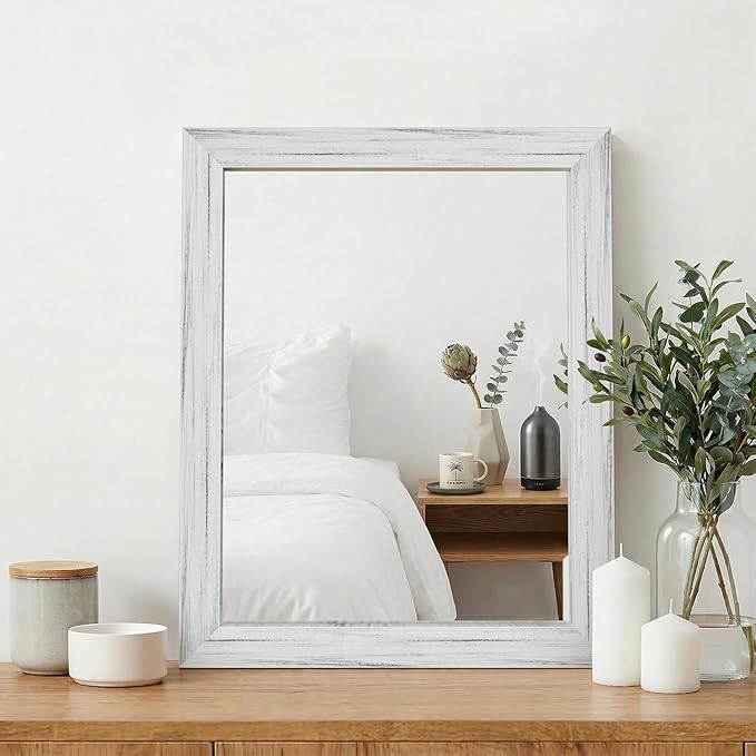 White Wood Effect Framed Wall Mirror, 16x20 Rectangle Mirror, Anti-desilvering