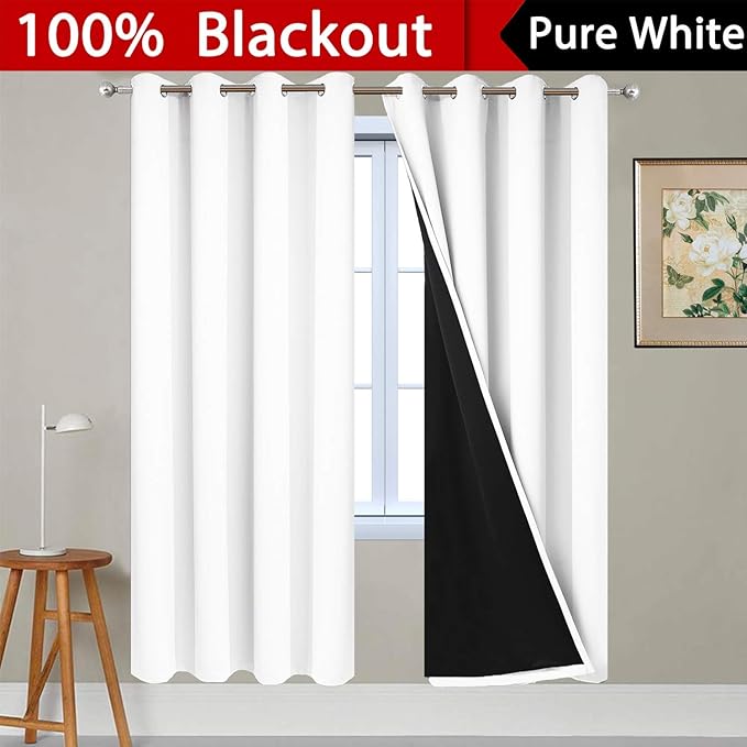 Yakamok Pure White Total Blackout Curtains, Heavy Duty Lined Blackout Drapes 72