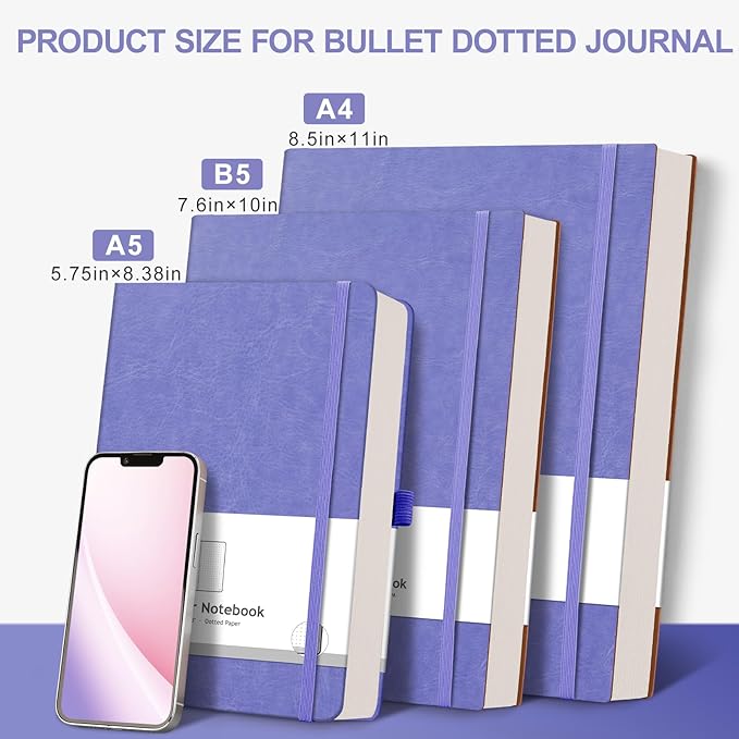 AHGXG Bullet Dotted Journal - 320 Numbered Pages Dot Grid Notebook A5 Thick Journal, 100gsm Thick Dotted Paper, Leather Hardcover,Inner Pocket, 5.75'' × 8.38''-Light Purple