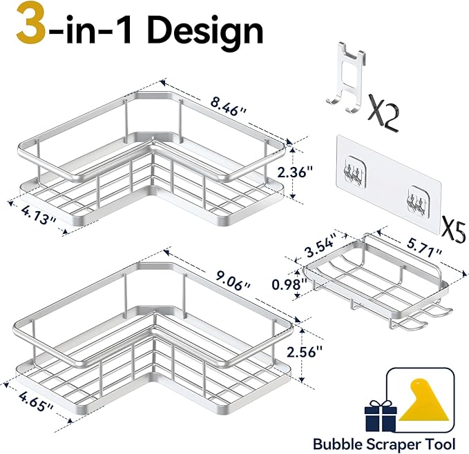 YASONIC Corner Shower Caddy Organizer, Self-Adhesive Rustproof Bath Shelves