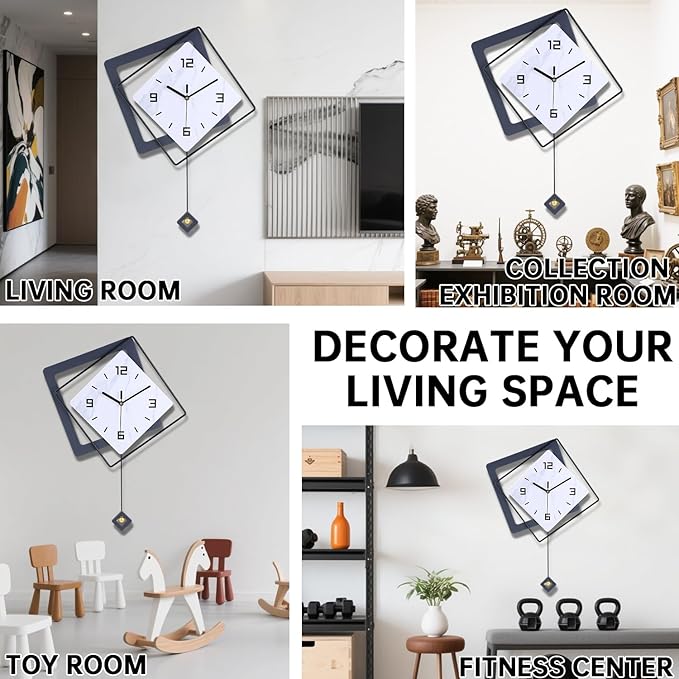 Wall Clock with Pendulum, Silent Quality Quartz Battery Operated, Metal Modern