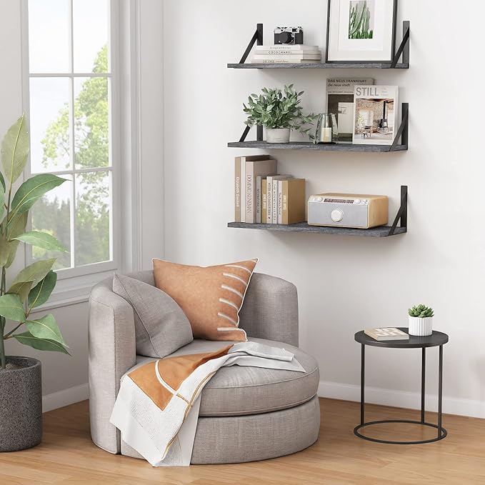 Forbena Gray Floating Shelves Wall Mounted Bookshelf Set of 3, 24 Inches Long 8