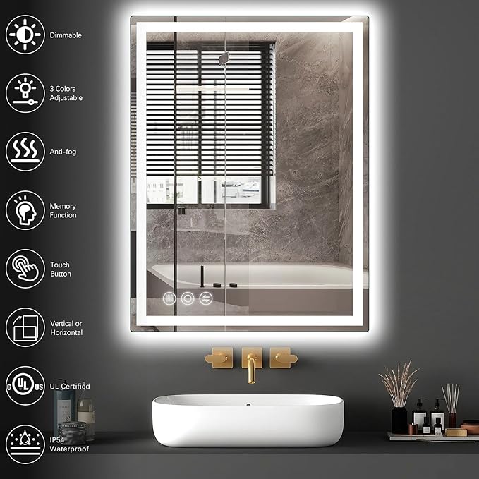Memobarco Bathroom Mirror, Stepless 3 Colors Temperature & Dimmable, Memory