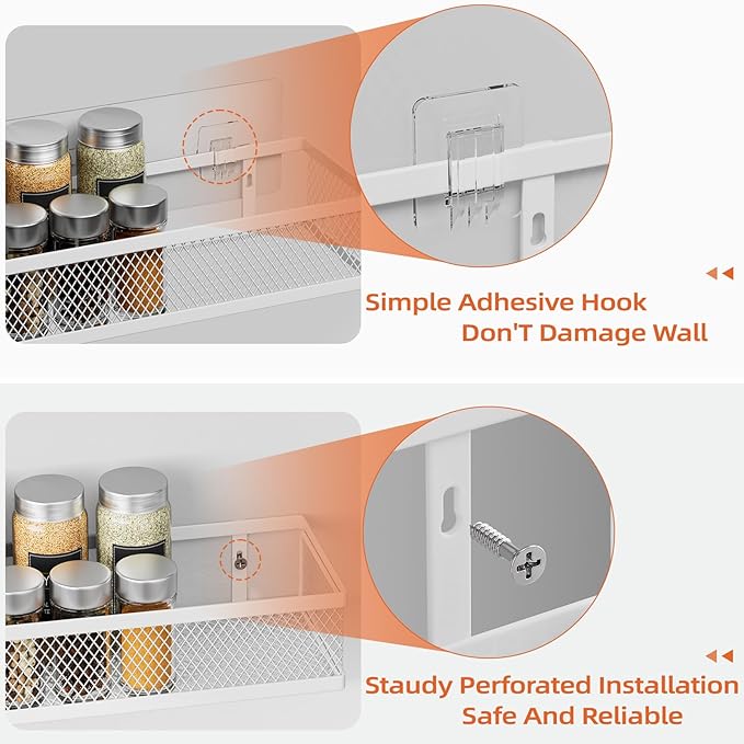 Spice Rack Wall Mount, 4 Pack Wall Spice Rack & Hanging Storage Baskets