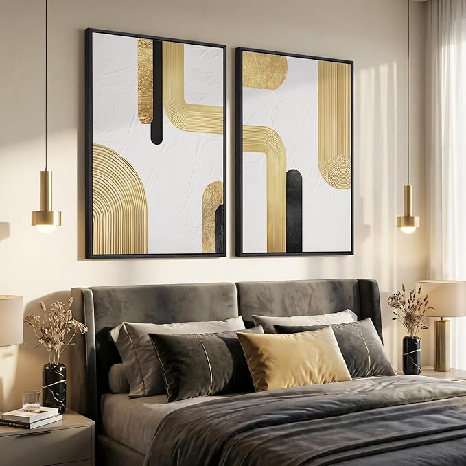 Large Framed Gold Abstract Wall Art Set of 2