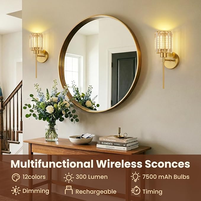 Crystal Battery Operated Wall Sconces, Brushed Gold Rechargeable Wireless Wall