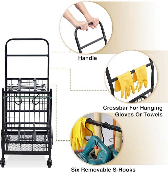 Lauren&Harold Garden Tool Organizer with 2 Stair-Climbing Wheels for Garage Storage, Garden Tool Rack, Up to 35 Long-Handled Tools, Rakes/Shovels/Yard Tools Storage Stand for Shed, Lawn and Outdoor