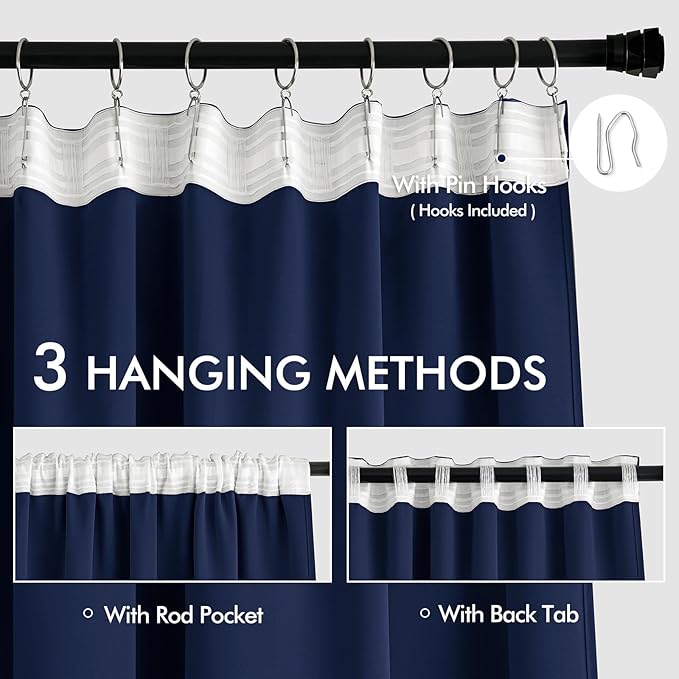 MIULEE Navy Blue Back Tab Blackout Curtains 108 Inch Long 2 Panels Set