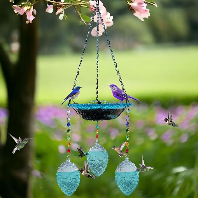 Hummingbird Feeder and Bird Bath for Outdoors 2-in-1 for Small Birds - Hummingbird Bath Fountain with 3 Blue Feeder Pots - Hanging Solar Bird Bath Fountains