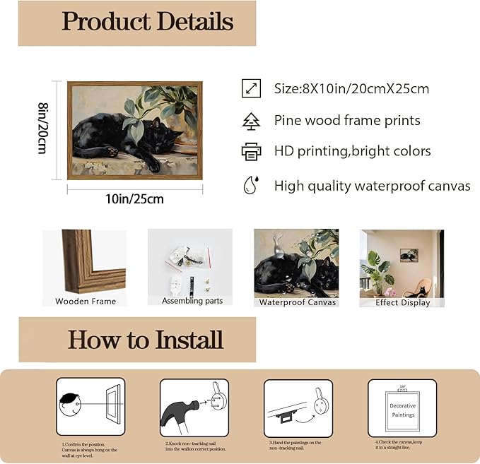 Framed Black Cat Canvas Wall Art, Vintage Sleeping Cat