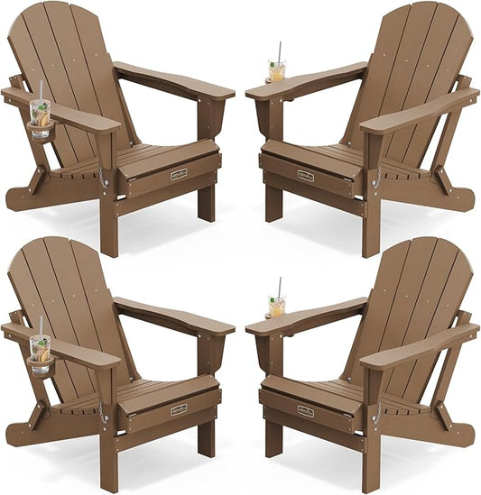 SERWALL Folding Adirondack Chair Set of 4 Outdoor Chairs with Cup Holder Painted Adirondack Chair Weather Resistant for Patio Deck Garden, Backyard Deck, Fire Pit- Brown