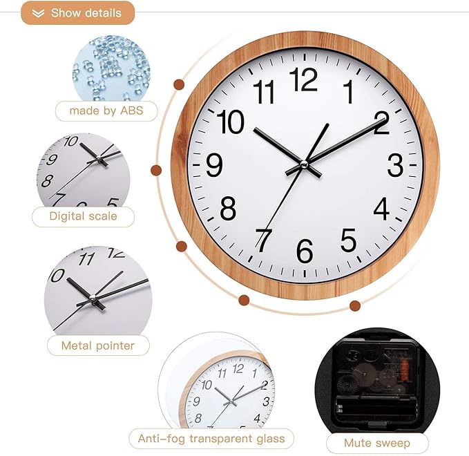 NUOVO 10 Inch Wooden Round Wall Clock Silent & Non-Ticking Retro Wall Clock