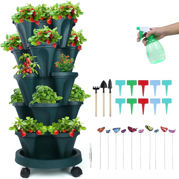 Vertical Planter, 5 Tier Stackable Strawberry Planter with Garden Tool Set, Movable Indoor/Outdoor Garden Herb Pot for Growing Vegetables and Succulents, Green