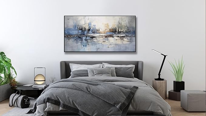 Abstract Wall Art Blue and White Reflection Large Size Framed Artwork Wall