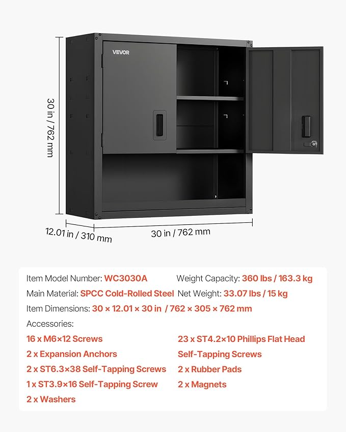 VEVOR Metal Wall Cabinet, 30W x 12.01D x 30H Inch, Steel Floating Hanging