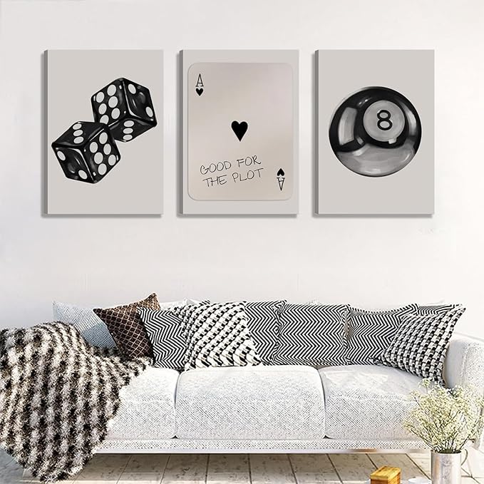 BOKPEN 3Pcs Black and White Poker Dice Canvas Wall Art Funky Retro Y2K Trendy