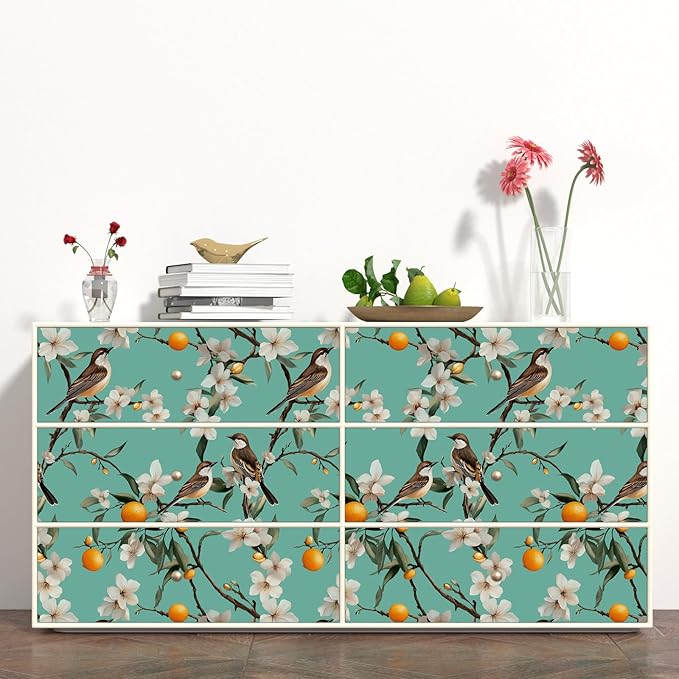 Teal White Bird Floral Wallpaper Peel and Stick, Fresh Orange Tree Contact Paper