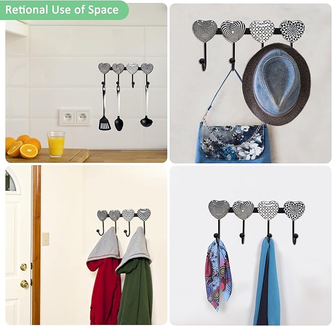 Coat Rack Wall Mounted with 4 Hooks, Heart Geometric Pattern Decorative Wall