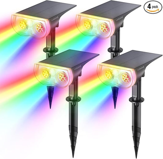 Linkind Solar Lights Outdoor Waterproof IP65, StarRay RGB Solar Spot Lights Outdoor, Color Changing Outdoor Solar Lights for Yard, Garden, Pathway, Holiday Decor (Multicolor, 4 Pack)