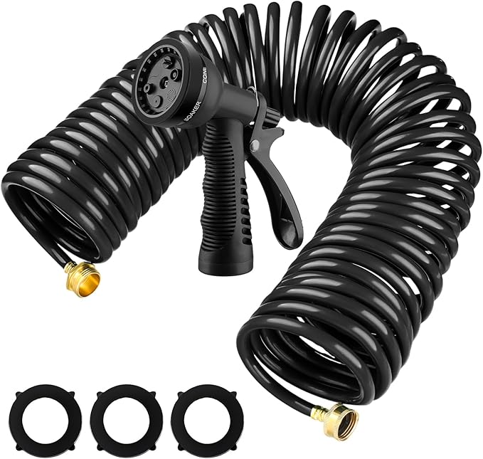 Pangda 75 Ft x 3/8'' Coil Garden Hose EVA Recoil Garden Self Coiling Expanding Water Hose with 6 Function Spray Nozzle Universal 3/4'' Brass Connector Fitting for Outdoor Yard(Black)