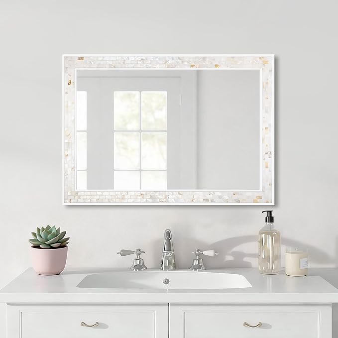 Mosaic Mirrors for Wall 20x28 Inch, Natural Mother of Pearl Inlay White Framed