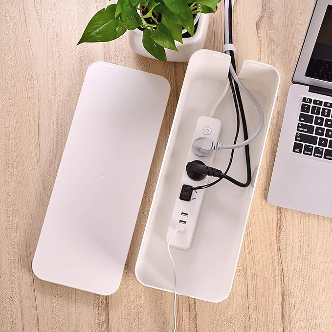 Cable Management Box, Large Cord Organizer Box to Hide Power Strip & Under Desk,TV Computer Wires Cable Organizer Hider Box with Cable Clips&Reusable Cable Ties for Home/Office(White)