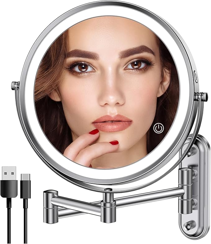 Rocollos Rechargeable Wall Mounted Lighted Makeup Mirror, 8 Inch Double-Sided