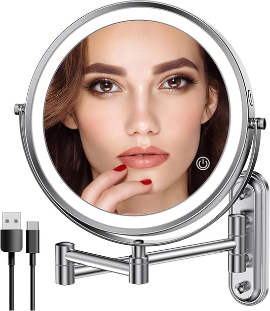 Rocollos Rechargeable Wall Mounted Lighted Makeup Mirror, 8 Inch Double-Sided