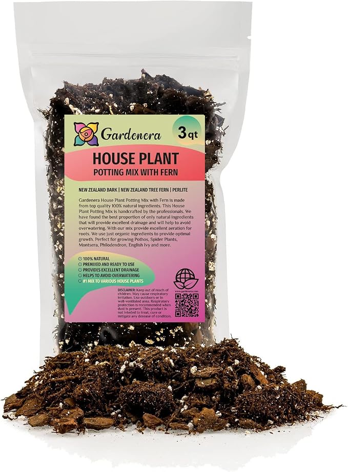 Premium Gardenera House Plant Potting Mix | Fern + New Zealand Bark + Perlite | Great for Pothos, Spider Plants, Montsera, Philodendron, English Ivy - 3 Quart Bag