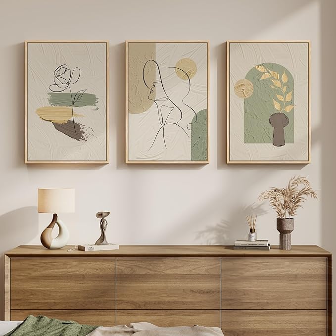 Framed Abstract Boho Wall Art for Living Room, 3 Piece Large Neutral Canvas