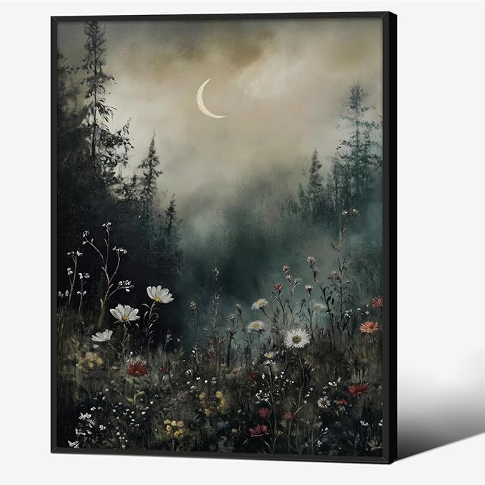 Dark Flower Field Poster Vintage Moody Academia Wall Art 12X16 inch Black