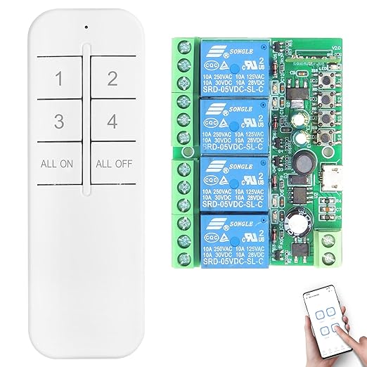 DieseRC 4 Channels WiFi Smart Switch with Bluetooth Transmitter, DC 5V 12V 24V 36V Passive Output Relay Module Ewelink APP WiFi Control Compatible with Alexa/Google Home, Inching/Self-Locking Switch