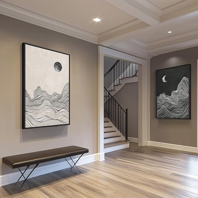 Large Framed Black and White Abstract Wall Art, Abstract Mountain and Moon