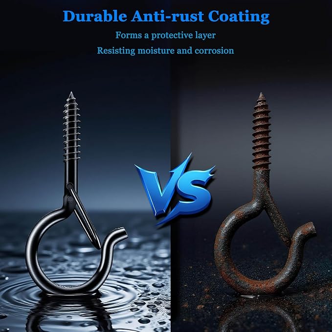 12 Pack Black Screw Hooks with Safety Buckle - 2.3 Inch Rustproof Eye Ceiling Hooks for Hanging Plants,Outdoor String Lights,Baskets,Christmas Lights & Decor,40lb Capacity (12, Black)