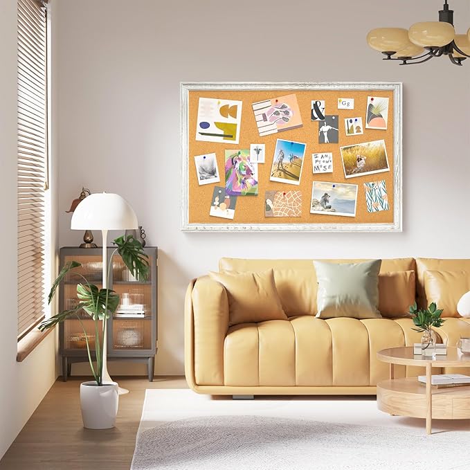 White Cork Board for Wall, 36 x 24 inches Decorative Bulletin Board, Rustic