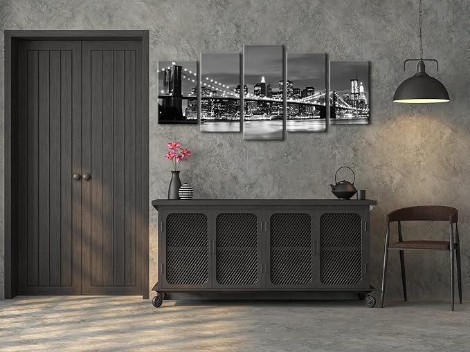 Wieco Art New York Brooklyn Bridge Canvas Wall Art Night View 5 Panels Modern