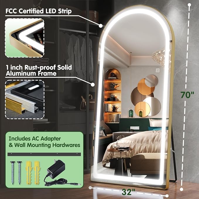 FENNIO Full Length Mirror with Lights, Free Standing Lighted Floor Mirror