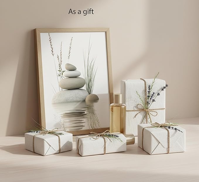 Wooden Frame Zen Stone Canvas Wall Art, Stacked Stones in Water Poster Print.