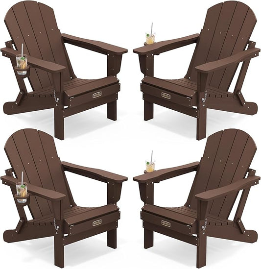 SERWALL Folding Adirondack Chair Set of 4, Weather Resistant HIPS Patio Chairs with Cup Holder for Garden Outdoors Fire Pit- Coffee