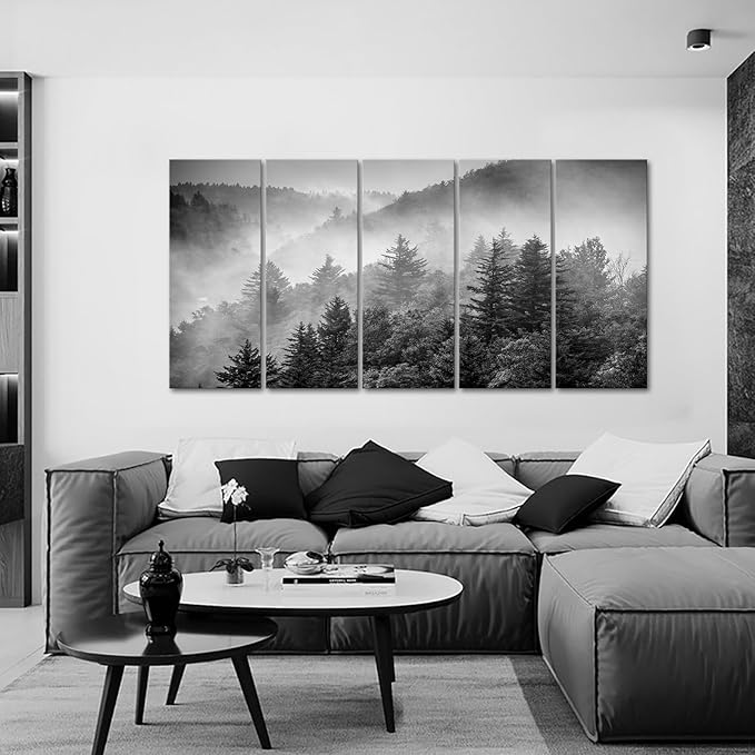 iKNOW FOTO 5-Piece X-Large Canvas Wall Art Set Black and White Misty Forest &